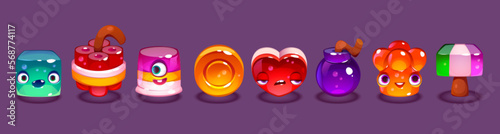 Cute jelly cartoon characters for game or app. Set of funny slime faces. Candy emotions creatures for ui interface, vector isolated icons. Fantasy collection with coin, heart and dynamite.