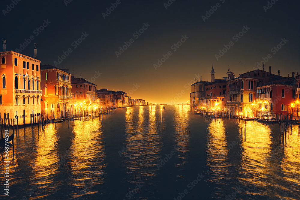 painting of venice at night with reclecting light made with Generative AI 