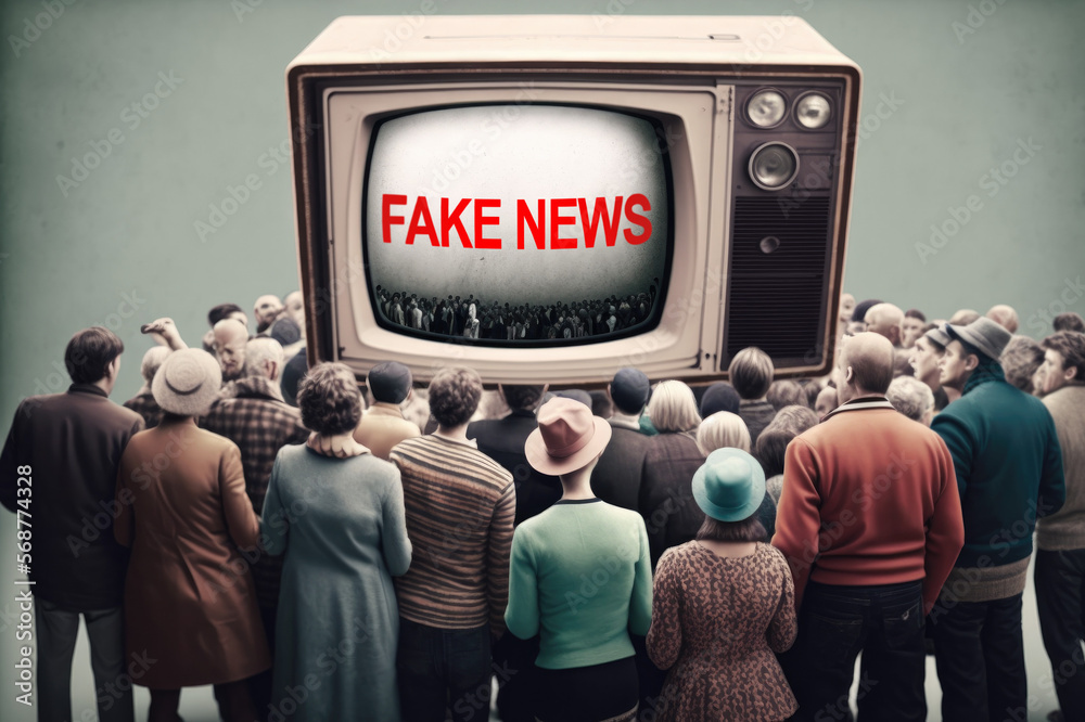 Illustrazione Stock Fake News concept with crowd of people watching TV with  text Fake News. Created with Generative AI technology. | Adobe Stock