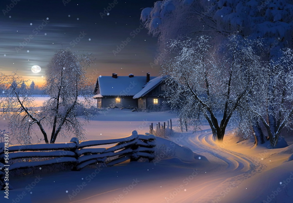  winter evening in countryside wooden cabin,snow fall trees covered by snow,nature landscape ,generated ai