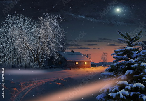  winter evening in countryside wooden cabin,snow fall trees covered by snow,nature landscape ,generated ai