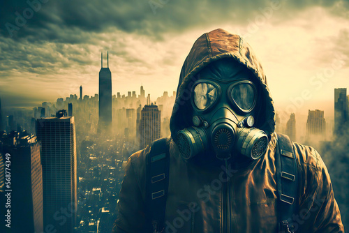 City after nuclear war. Survivor in a gas mask in a post-apocalyptic landscape. Created with Generative AI technology.
