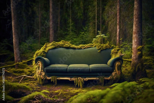 Old couch, old furniture concept with sofa overgrown by waving standing in the woods. Created with Generative AI technology.