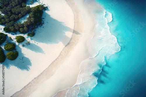 Perfect white sandy tropical beach view from above created with Generative AI technology.