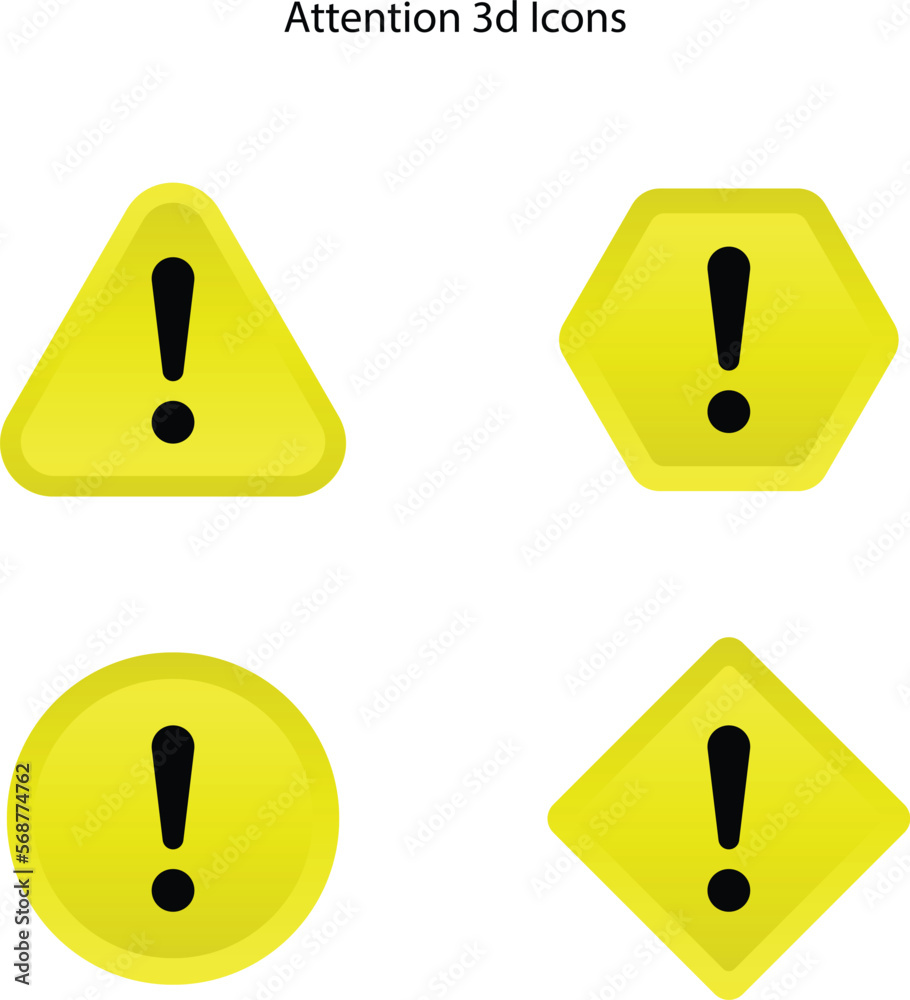 3d Exclamation mark of warning attention icons. Collection vector danger icons isolated on white background. Caution, danger and warning signs. 3d Exclamation mark of warning attention icons. Collection vector danger icons isolated on white background. Caution, danger and warning signs.