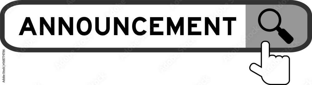 Search banner in word announcement with hand over magnifier icon on white background Search banner in word announcement with hand over magnifier icon on white background