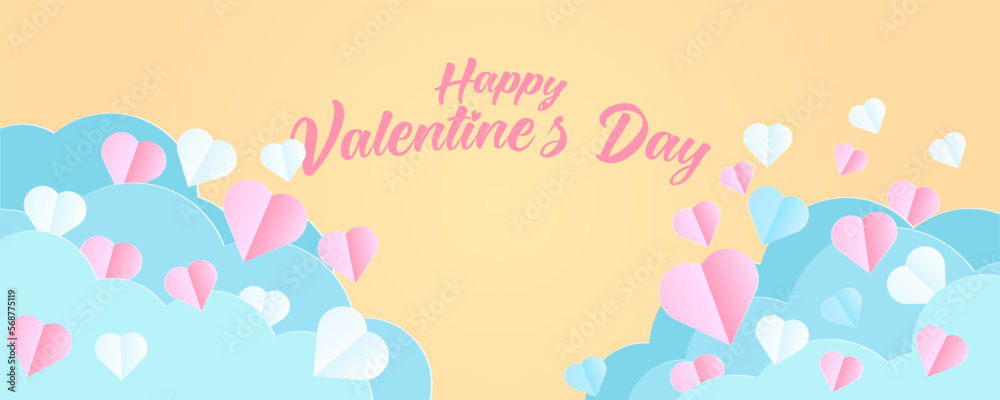 Horizontal banner with yellow background sky and blue paper cut clouds. Place for text. Happy Valentine's day sale header or voucher template with hearts.