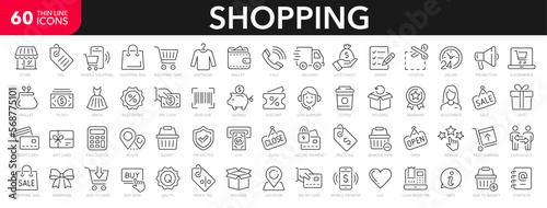 Shopping line icons set. Shopping malls outline icons collection. Shopping, store, online shop, delivery, marketing, store, money, price - stock vector.