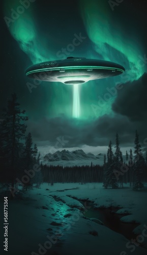 ufo in aurora sky made with generative ia
