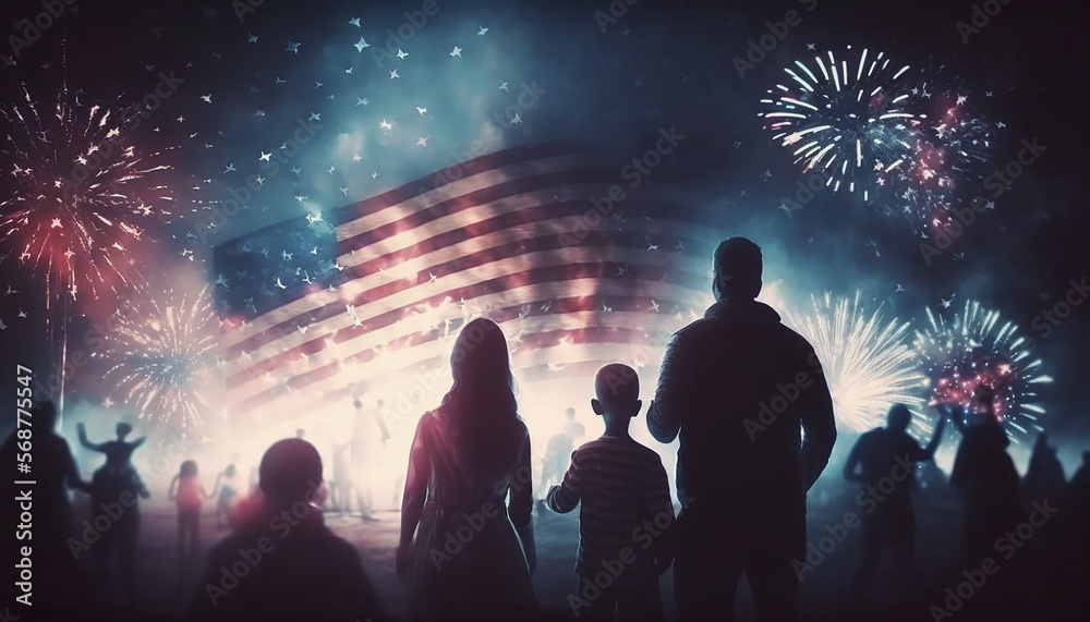 Famille devant le drapeau américain, USA, États-unis, célébration, feux d'artifice, fête nationale (AI)