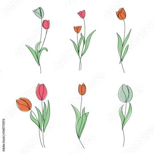 Hand-Drawn bright tulip flowers elegant one-line artwork  vector illustration