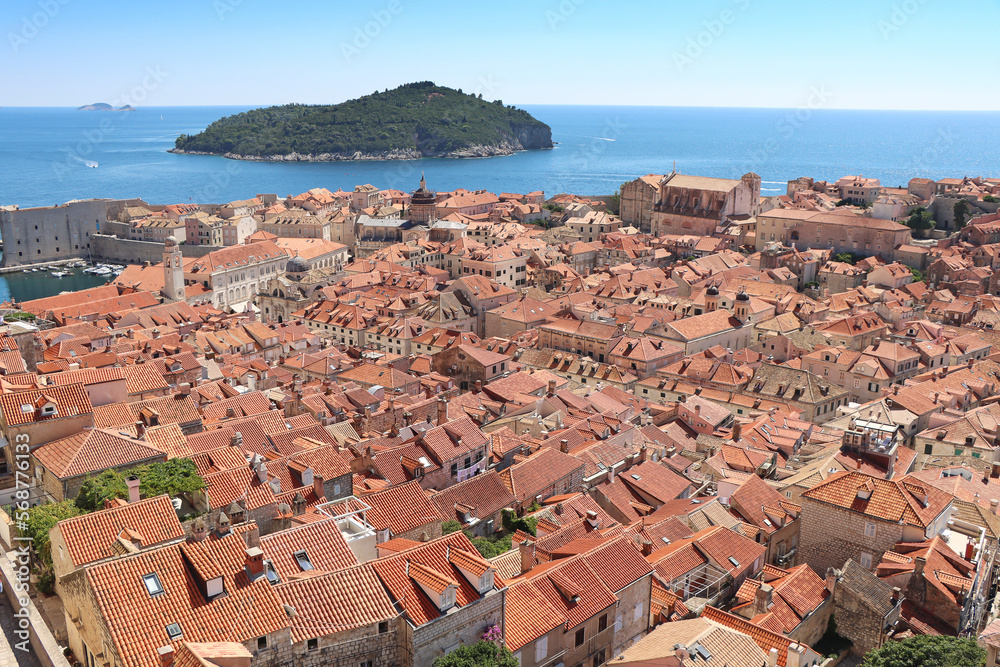 View of the roofs of Dubrovnik and the island of Lokrum