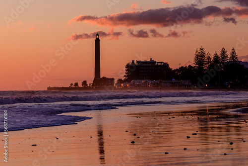 View of Maspalomas lighthouse and the beach at sunset, Maspalomas, Gran Canary, Canary Islands, Spain