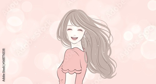 笑顔/ロングヘア/美髪/ヘアケア/シャンプー/トリートメント/美しい髪/なびく髪/風になびく/ヘアケア/ヘアスタイル/美容室/女性のイラスト