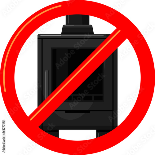 Wood burning stove icon, ban symbol. Prohibition of heating with firewood, stop sign, forest protection. Vector colorful flat illustration of black multi fuel heater isolated on white background