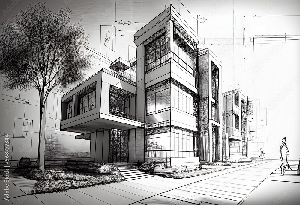 Pencil concept sketch drawing of a modern building made with generative AI