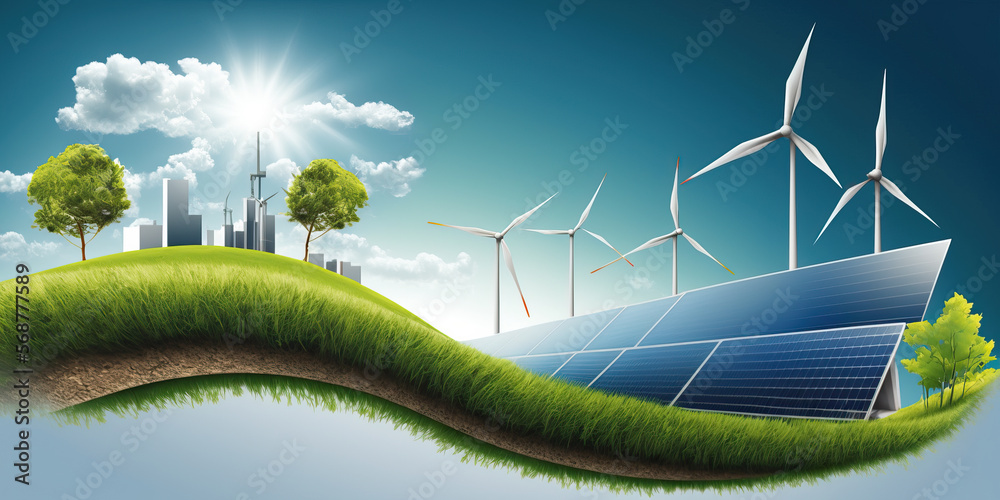 renewable energy banner background with green energy as wind turbines and solar panels - obrazy, fototapety, plakaty 