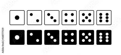 Dice Game with white and black cubes collection. Gambling dices to play in casino, dice from one to six dots. Vector illustration.