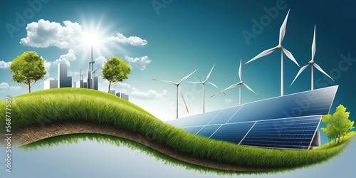 renewable energy banner background with green energy as wind turbines and solar panels photo