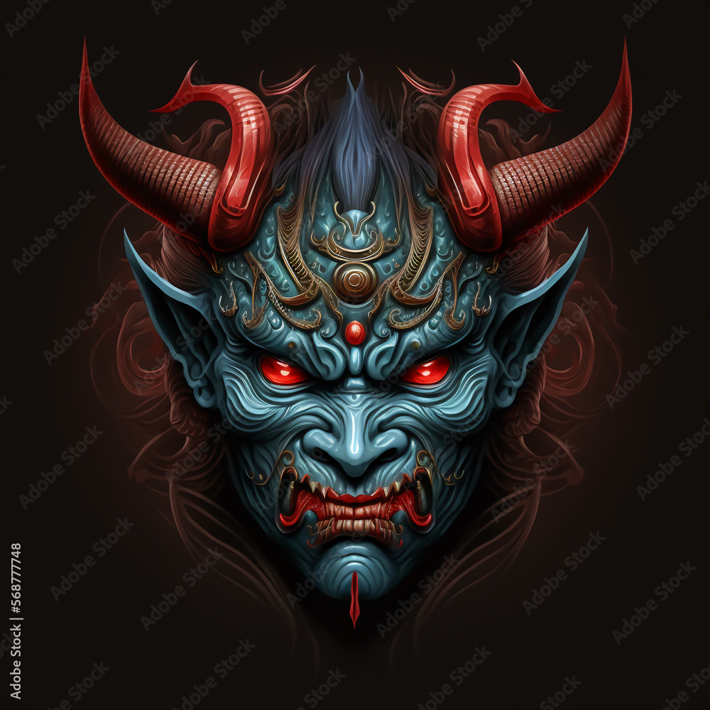 Obraz premium Oni Mask, japanese folklore, symbol of protection. Demon, ogre, troll. Generative AI.