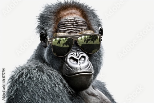 gorilla with sunglasses Beautiful Portrait of a Gorilla. severe silverback, anthropoid ape, stern face. isolated background,Generative AI © dhiyaeddine
