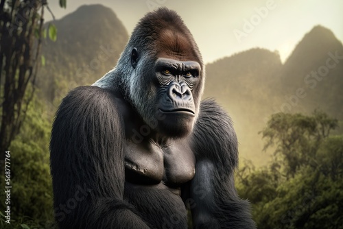 Silverback mountain gorilla looking intently into camera