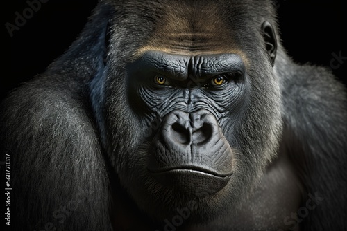Portrait face powerful dominant male gorilla on black background, Beautiful Portrait of a Gorilla. severe silverback, anthropoid ape, stern face. isolated black background,Generative AI © dhiyaeddine
