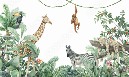 Canvas Print Jungle, tropical plants and animals, giraffe, zebra, elephant, birds, monkey