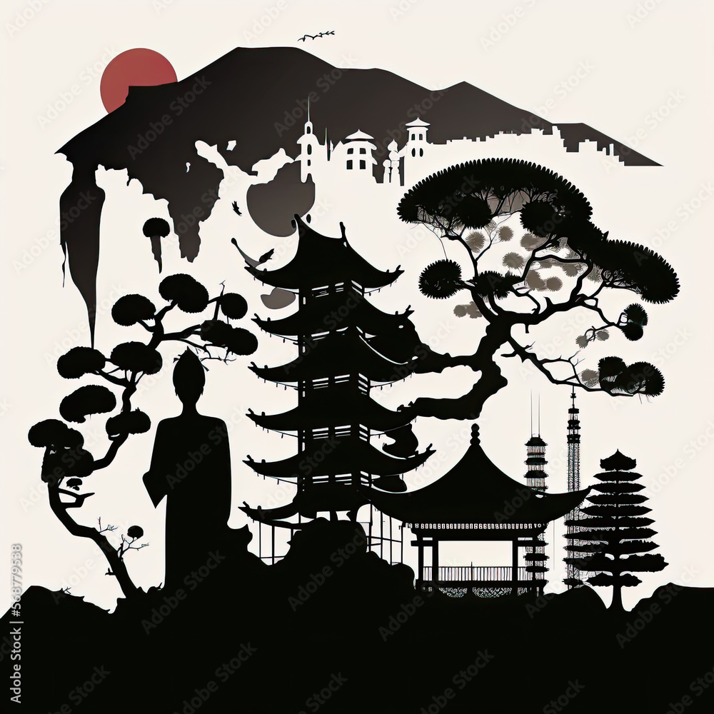 Obraz premium Japan landmarks, vector illustration silhouette, Made by AI,Artificial intelligence