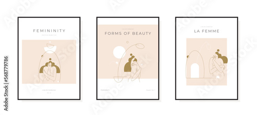 Modern posters set. Nude woman silhouette in abstract pose, female body, feminine boho graphic. Mid century, Contemporary, Femininity concept, prints collection for wall art decor. Vector illustration