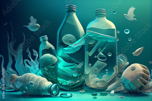 empty glass bottles and plastic waste floating in turquoise seawater. Generative AI