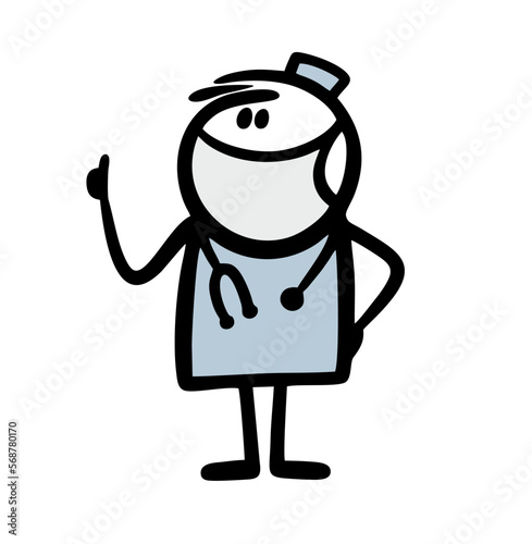 Doodle hand drawn doctor in medical mask telling imporatant information about health and protection of the virus.