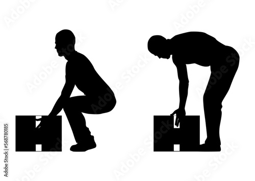 Silhouettes of people lifting weights in the correct and incorrect way. Vector