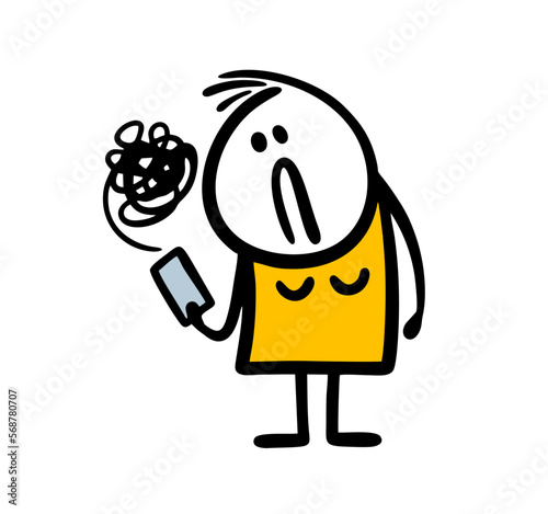 Sad cartoon stick figure woman looks on her smartphone with swear words comics tangle skein.