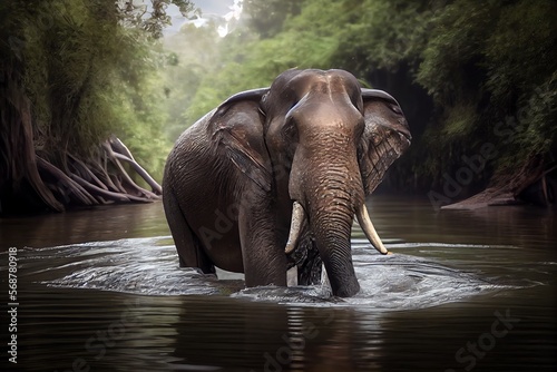 Wilder Elefant l    uft durch einen Fluss im Dschungel Thailands - Ai generiert. Generative AI