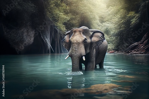 Wilder Elefant l    uft durch einen Fluss im Dschungel Thailands - Ai generiert. Generative AI