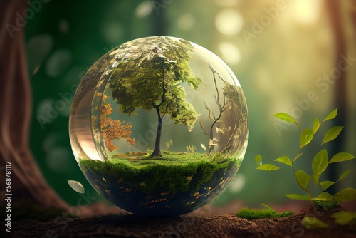 World environment and earth day concept with glass globe and eco friendly enviroment. Generative AI