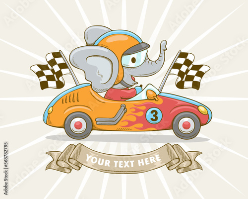 Vector illustration in hand drawn concept, Cartoon cute elephant in racer costume on racing car, finish flag and ribbon