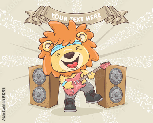 Vector illustration in hand drawn concept, cartoon funny lion playing electric guitar on music notes background, musical elements