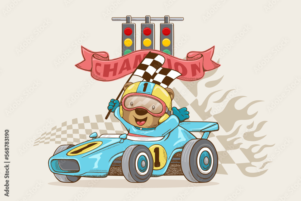 Vector illustration in hand drawn style, cute bear in racer costume on racing car holding finish flag, race car elements Vector illustration in hand drawn style, cute bear in racer costume on racing car holding finish flag, race car elements