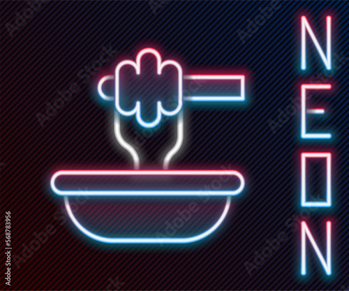 Glowing neon line Honey dipper stick with bowl icon isolated on black background. Honey ladle. Colorful outline concept. Vector