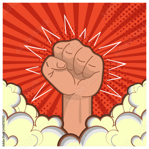A large fist rising from steam against a backdrop of red divergent beams. A symbol of protest and struggle for the rights and interests of the working class. Vector illustration