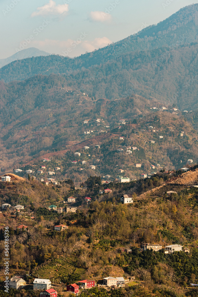 Village in the mountains. Mountain View. People live in the mountains
