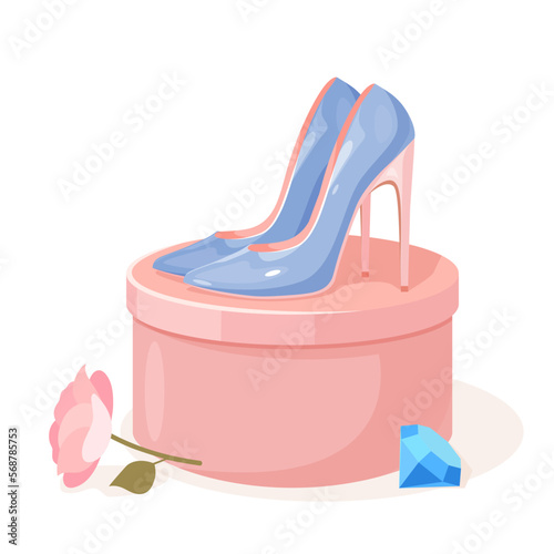 Glamour women's high heels shoes with shoebox, flower, and precious stone
