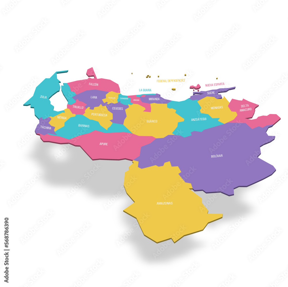 Venezuela political map of administrative divisions - states, capital district and federal dependencies. 3D colorful vector map with name labels.