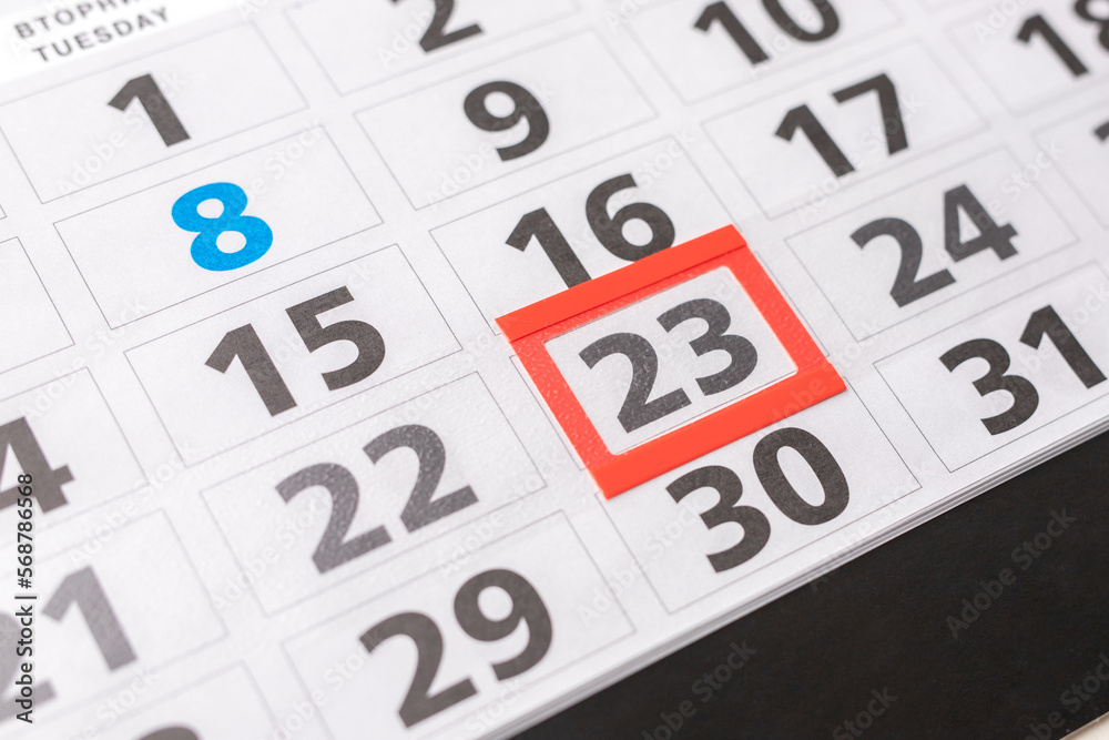 Calendar page with marked date of 23 Calendar page with marked date of 23