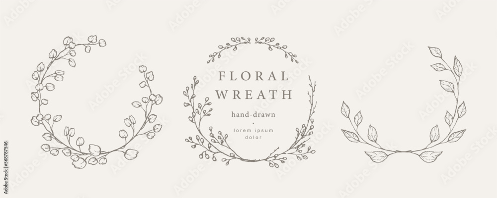 Hand drawn floral frames in sketch style. Elegant vintage wreath. Trendy elements of wild and garden plants, branches, leaves. Vector illustration for labels, corporate identity, wedding invitation Hand drawn floral frames in sketch style. Elegant vintage wreath. Trendy elements of wild and garden plants, branches, leaves. Vector illustration for labels, corporate identity, wedding invitation