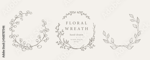 Hand drawn floral frames in sketch style. Elegant vintage wreath. Trendy elements of wild and garden plants, branches, leaves. Vector illustration for labels, corporate identity, wedding invitation 