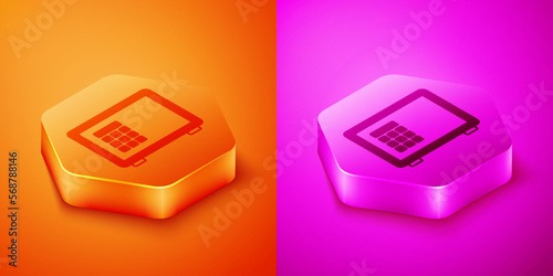 Isometric Safe icon isolated on orange and pink background. The door safe a bank vault with a combination lock. Reliable Data Protection. Hexagon button. Vector