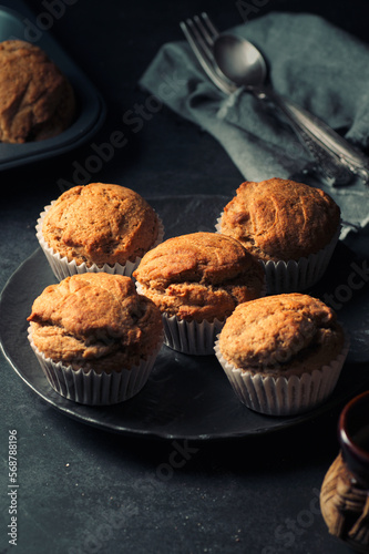 Delicious homemade vegan banana muffins close-up.